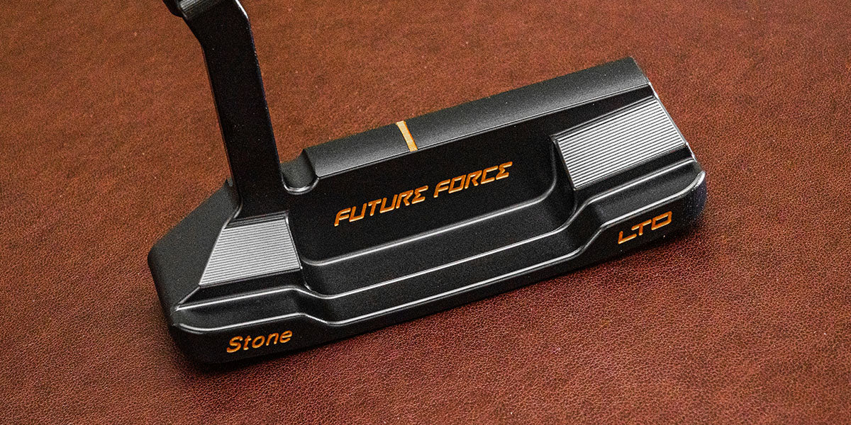 Future Force Black Stone SUS303 LTD blade putter with deep graphite finish and gold alignment line.